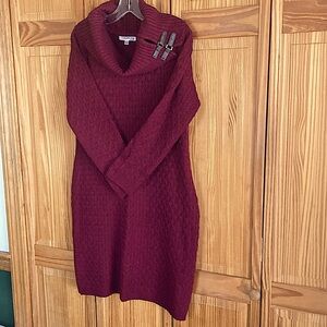 Studio One Fitted Sweater Dress Cowl with Buckles Maroon Size Large